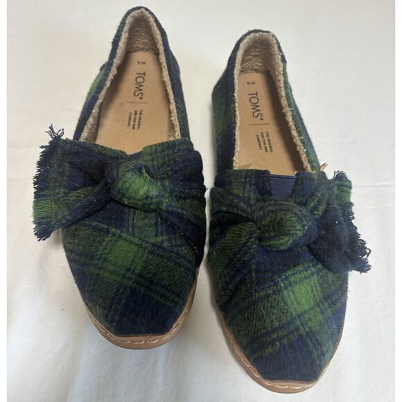 TOMS Alpargata Leather Wrap Slip On Shoes Size 8 Galapagos Green Plaid Bow - Picture 1 of 6